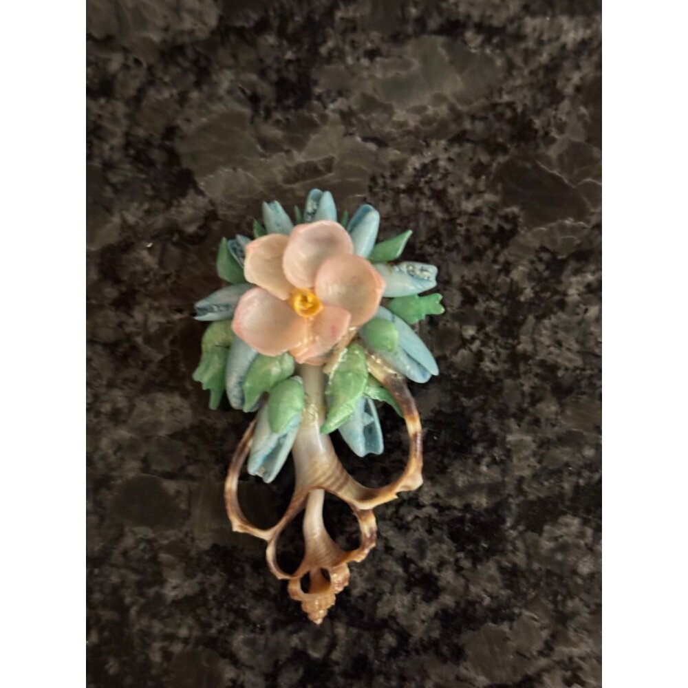 Vintage Floral Seashell Brooch Pin With Handcrafted Pink Flower & Green Leaves